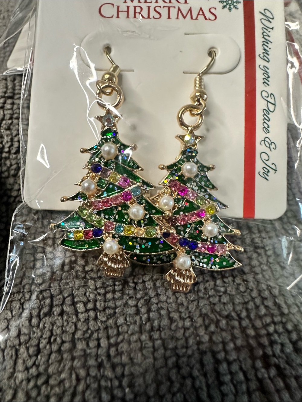 Green Christmas Tree Drop Earrings with Multicolor Stones